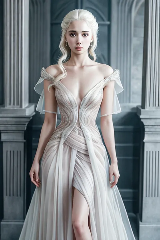Photograph of Rhaenyra Targaryen, perfect hands, wearing very revealing organza gown, hairy pubis, standing in front of Iron Throne