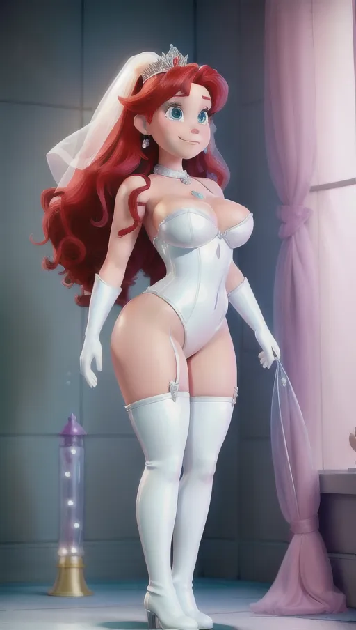 Princess Ariel, disney, flat chest, thick thighs, small breasts, muscular, battle in space, no panties, stockings, another shemale hard cock in her mouth, anal penetration, dripping in cum, covered in cum, shemale cock, erected cock, hard cock, white shiny latex corset, harness oh hips, choker, white leather high stripper boots, visible futa cock, white wedding veil, white latex gloves and lace, ultra details, 8k