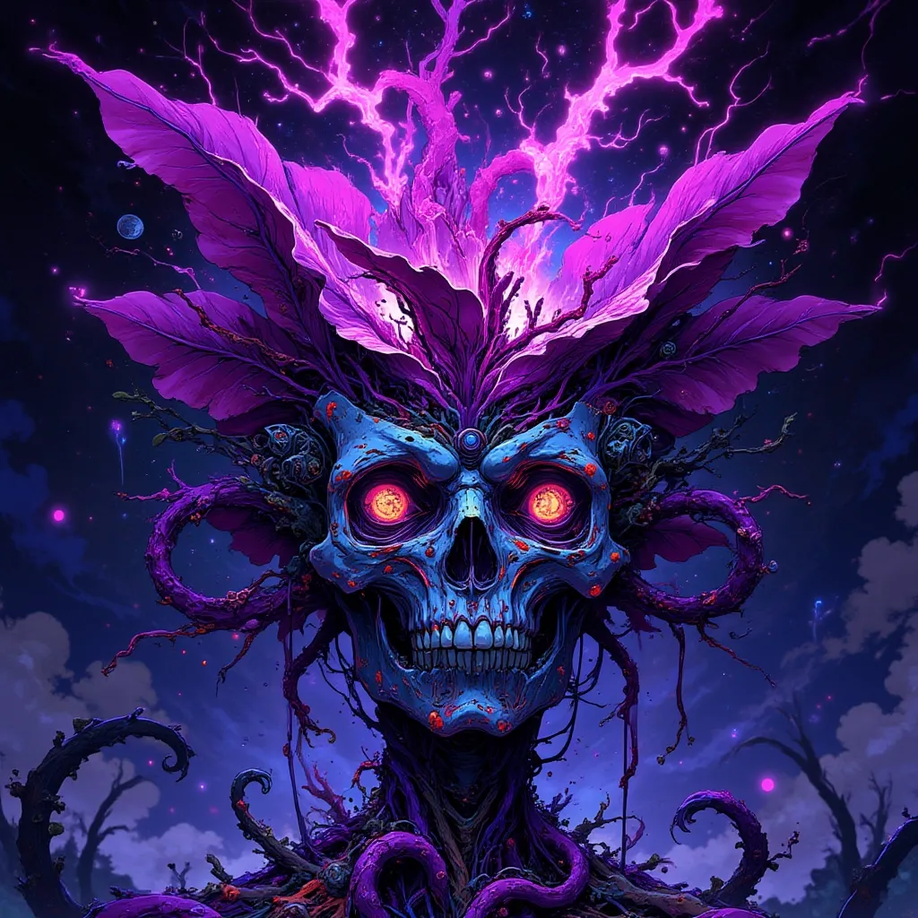 VibrantlySharp style,
animeniji,
3pic_vist4,, A biomechanical skull draped in velvet tendrils, its cranium split open like a blooming flower. From the center erupts a twisting root system of glowing purple veins, weaving through decayed circuitry. Its eye sockets emit fractured beams of pink lightning, warping the space behind it into blooming symbols.
