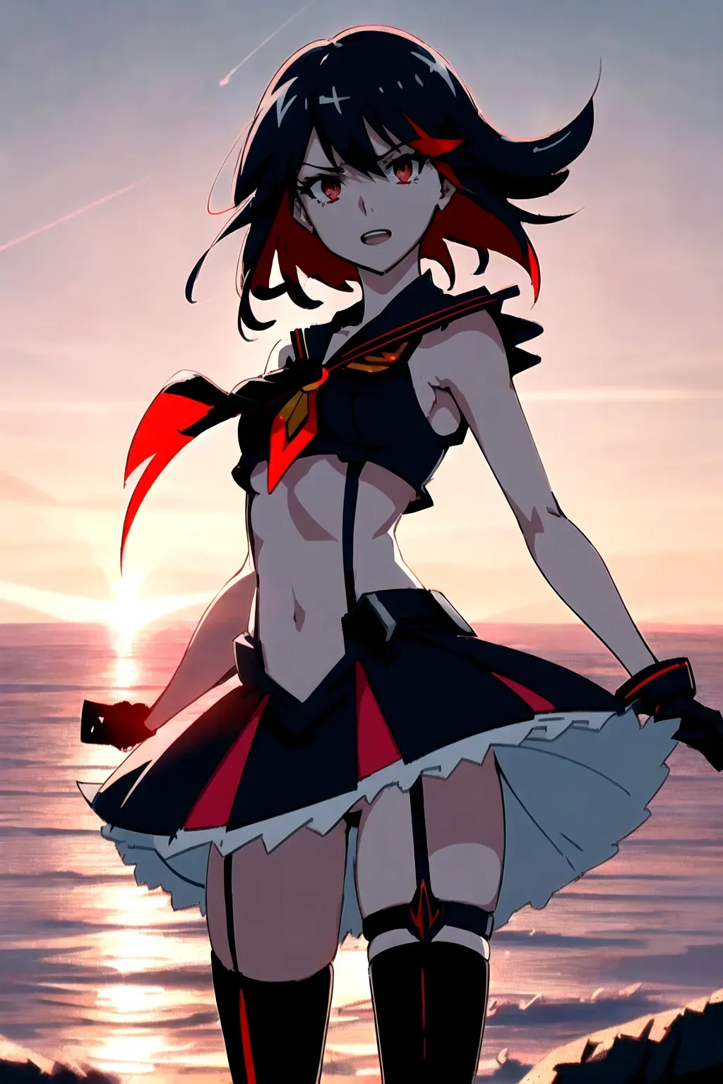 Prompt_01_high_priority.
<<((fix normal simi-small Ryuko Matoi>.))>> <<((fix normal_<red>_Triger_iris.))>> <(fix normal_<red>_Triger_pupil.)> <(fix normal_Vitreous.)> <<((fix normal _HD_arm_hand_finger_thumb_strict_upside_down_interaction_adjustment.))>> <<((fix normal_HD_leg_feet_toe.)> <(fix normal soft < normal soft <B size boobs>.>))>> <<(( fix normal black Senketsu uniform black mini skirt red leg strap.))>> <<((fix normal HD short black and red highlights shiny hair.))>> <( normal eyebrow lips.>)> (fix normal adaptive backwards physics.) (HD_normal_backgrounds.) <(normal_De_blur_noise.)> <(normal_sharpen:1)> <<masterpiece:1>> (( lora:dpmg_translucent_skin.)) <(fix perfect_clean_line_work.)> <(HD_normal_dark_shading.)> <(normal_global_illumination.)> ((Fix_perfect_rule_of_thirds.)) ((close_up_portrait.)) (hyper_realistic.) (detailed_post_processing.) (unreal_engine.) 8k. (octane-render.) <(unreal-engine five.)> (Studio-Clover-Works.) (Studio CLAMP.) <<((single_pass.))>>,
Prompt_02_very_high_priority.
Intense scene captures Ryuko Matoi from Kill La Kill as she passionately dances on a sun-kissed sandy rocky beach. The rhythmic movements of her dance radiate energy and grace, while the vibrant hues of her outfit complement the vivid sunset in the backdrop. Shot with a Nikon D850 and Nikon AF-S NIKKOR 24-70mm f2.8E ED VR lens, capturing the fierce spirit of Ryuko in the style of Kill La Kill. Trending on DeviantArt. <<((double_pass.))>>,
Prompt_03_high_priority.
<<((fix normal main background global illumination Clean line work.))>> <<((fix normal Ryuko Matoi black and red highlights short hair.))>> <<((Ryuko Matoi human face silver eyes B Cup Boobs details))>> <<((fix normal black Senketsu uniform black mini skirt red leg strap.))>> <<((fix normal orientation adjust adept distorted physics firmly.))>> <<((Fix normal super precise arm hand finger thumb adjust adept fast sync motion interaction.))>>
<<((Fix normal super precise adjust adept offset motion.))>> <<((strict GOP.))>> <<((temporal AQ.))>> <<((b frames two.))>> <<((reference frame two.))>> <<((single pass.))>><<((Fix_all_of_the_above.))>> <<((double_Pass.))>>