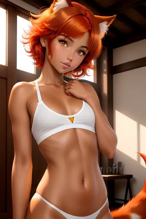 a gorgeous photo shot of redhead catgirl, tanned skin, smooth tail, yellow eyes, beautiful detailed face, athletic, short hair, messy hair, slender, five fingers per hand, flat chest