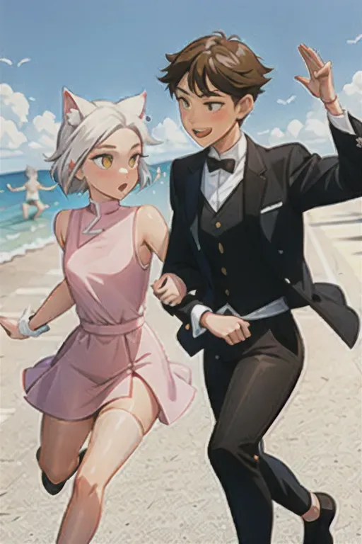 sam yang, boy and catgirl running together , 1 boy, brown colored hair ,spikey styled haired boy on right, male wearing yellow airbender clothes , black vest, 1catgirl, masterpiece, best quality, catgirl on left, catgirl posh style , catgirl hairstyle white short bobcut with white cat ears, only cat type ears, pink catlike eyes, catgirl on right dressed in white plain clothing with pink bow, white hair, bow, elegent long white gloves,((masterpiece)) ((masterpiece)) <lora:dpmg_sam_yang:1>