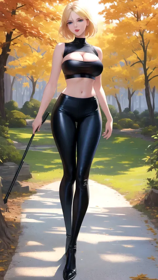 8k high detail, masterpiece, ultra realistic, outdoors, riverside, autumn, sunny, full body photo of, 1 girl, tall slim figure, long slender legs, beautiful face, short blonde hair, cleavage, large detailed deep-blue eyes, bright red lipstick, beautiful lips, black crop top, tight black leggings, standing, holding breasts
