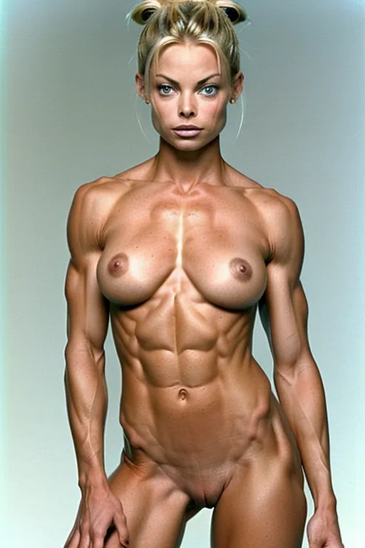A very fit 20 year old fully naked Jaime Pressly, look of pleasure on her face, pushing her abs out, very low body fat, extremely lean body, perfect body, showing her vagina, standing on the set of a late night talk show in 1998, fully nude, spreading her legs, perfectly shaped breast, blonde hair, spreading her legs wide open, hair bun