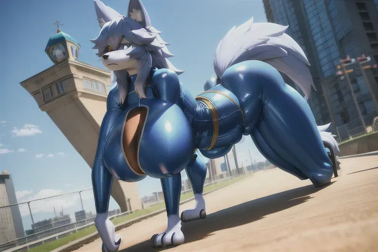 Beautiful furry anthro wolf girl, big breasted, cop, anthro furry concept art, furry body, beautiful blue eyes, wearing a skin tight deep blue thong, hourglass figure, police station, jail cell backgournd, 8k resolution, 3dshading, volumetric lighting, full body