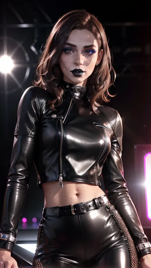 photorealistic, 8k, accurate face, detailed face, (((replicate inspiration face))), freckles, (black lipstick), brown hair,
wearing, black shiny leather pants,
location is nightclub,