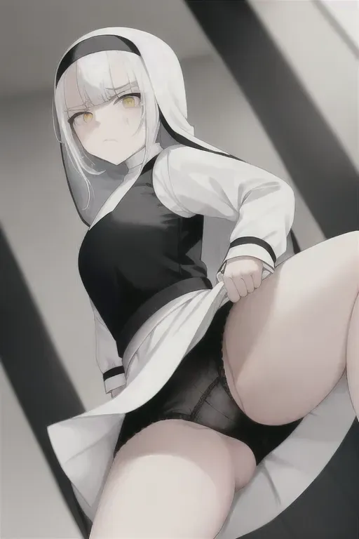 Nun girl, white hair, bangs, yellow eyes, lifting her skirt so we can see her panties, she has a disgusted face towards the viewer. Low angle shot.