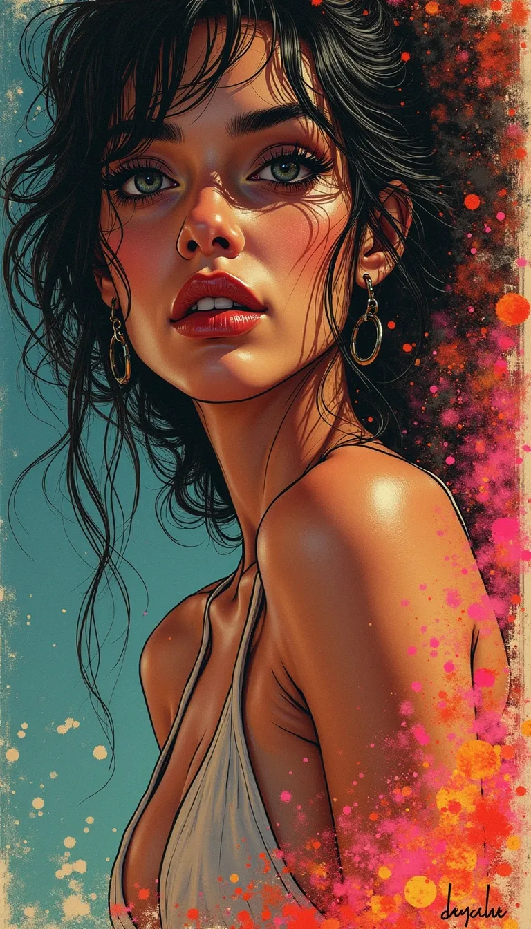 photorealistic and surrealistic film in a comic illustrations style by Mike Deodato, (interesting unique diverse complex character design that is a woman:1.2), (photorealistic detailed face:1.1), (classic stereotypical over tuned retro comics body shape and anatomy),
big variation of colors , smooth pencil brush to create a composition of vivid colors, thick black outlines, flat shading, minimal highlights ,interesting detailed Foreground and background depth are clear giving visual complexity to the scene