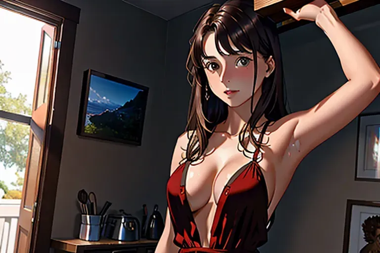 (8k, RAW photo, photorealism), a brown haired teen (18 yo), (athletic), lifting front of loose dress showing cleavage, posing at home, medium breasts,
