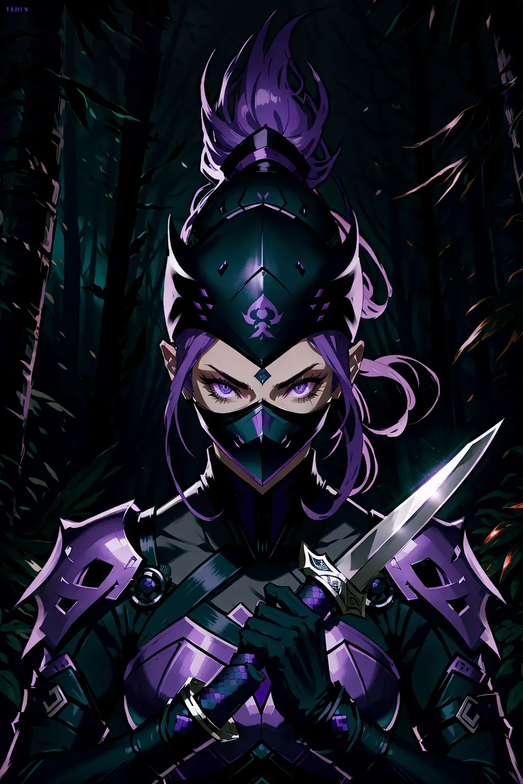 Ninja, full face mask, purple, glowing accents, with a sword, female, 8k wallpaper, best quality, ultra hd, global lighting, hi-resolution, high quality, highly detailed, in a dark forest, fighting
