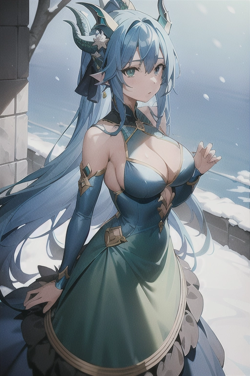 1girl, blue hair, long hair, green eyes, blue dragon horns, blue dragon tail, blue royal dress, ice, snowing background