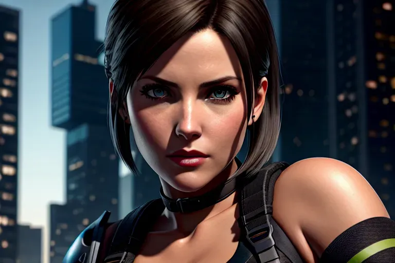 a photo shot of,Jill Valentine, in a apocalyptic city at night, black tactical pants, S.T.A.R.S tactical vest, gun holsters, combat boots, five fingers per hand,bob cut brown hair,charming face,beautiful lips,green eyes,curved eyebrows,textured skin,satisfaction,cgsociety,8k,unreal engine,highly detailed,artstation, deviantart, cinematic, sharp image, centered, medium close up, 8k,studio lighting