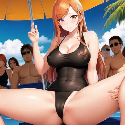 character:inoue orihime, hand on cock on man sitting next to her, men lined up to take turn, cleavage, on beach chair, tight tank top, sunglasses, g string, butterfly hairpin, hard nipples,