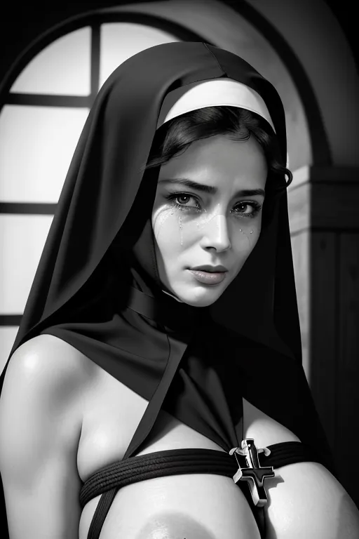 a pencil draw shot of, a fashinating milf nun, portrait, wearing nun veil, wide view, hanging at crucifix, bdsm, bondage, ropes squeezing breast, natural brest with ultra long nipples, dark scene, black indefinite backround, dramatic light on face, dramatic face, showing tongue, tears, mystical, ((black and white)), ultra realistic, smooth, shave edges, high texture