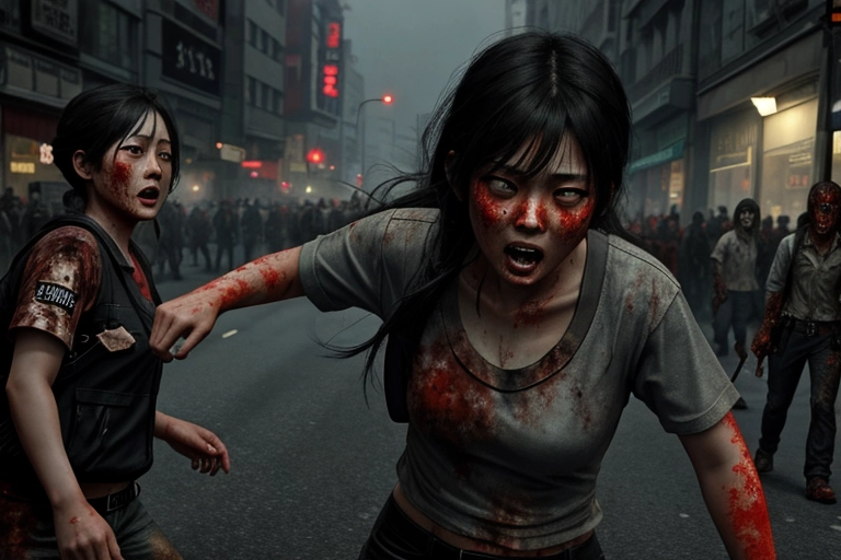 asian woman, running, zombie outbreak, scared, chased by zombies, ((realistic)), High detail,