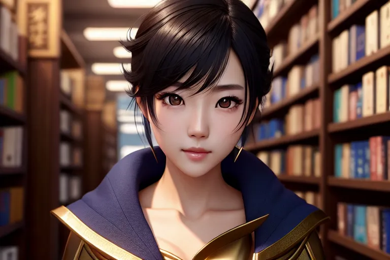 a photo shot of,a korean girl,wearing mage clothes,standing,at the bookstore,five slender fingers,short thick hair,charming face,beautiful lips,blue eyes,curved eyebrows,smooth skin,cosy,wearing golden ring,unreal engine,pixiv,8k,editorial,sharp focus