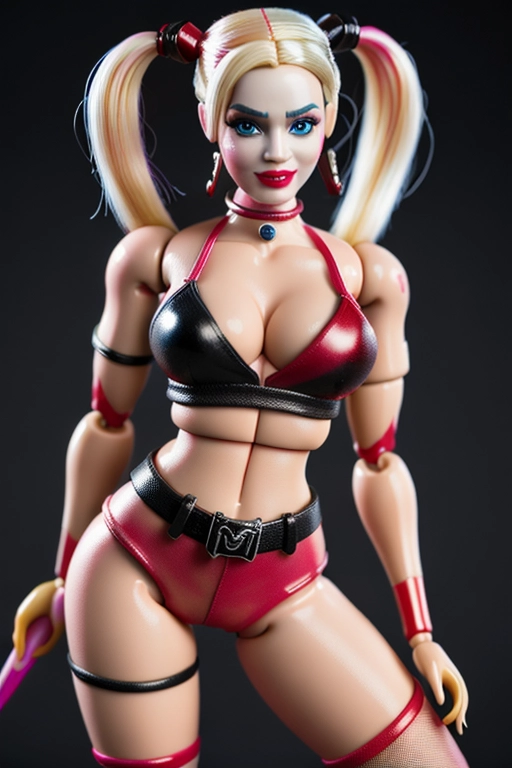 8k, photorealistic, masterpiece, Harley Quinn (Barbie doll:1.2), wearing too tight micro mini hot pants, bare midriff, Harley Quinn makeup, pigtails, holding a ball bat, daddys little monster, in a ransacked jewelry store