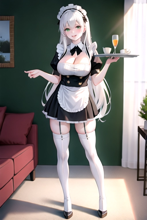 8k quality, green eyes, pale white skin, white hair, giant breasts, cleavage, looking at viewer, pov, long hair, wavy hair, full body photo, standing in living room, smiling, black maid uniform, miniskirt, high heels, thigh high boots, carrying tray
