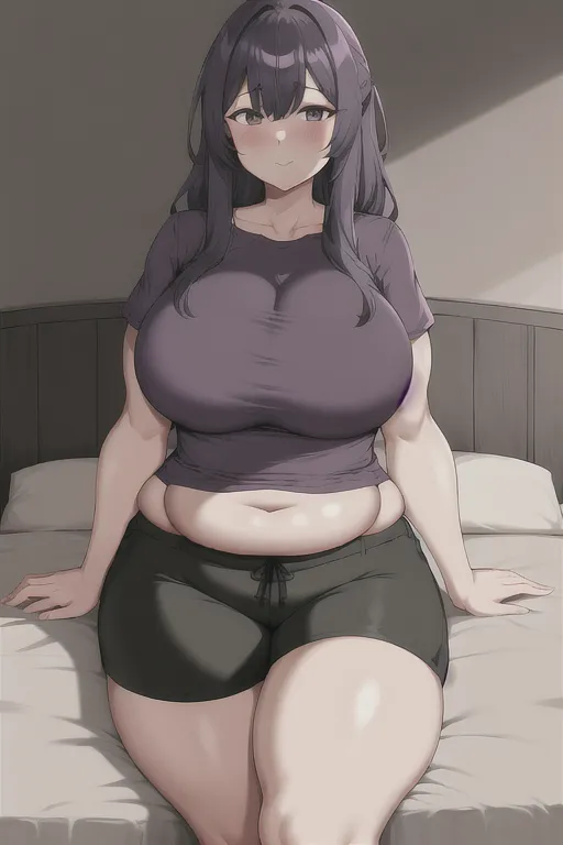 UHD, 1girl, milf, onee-san, cocky, in bedroom, dark gray shorts, dark purple t-shirt, very fat, big belly, muffin top, chubby, wide waist, overwight, obese, growing, too fat, weight gain, anime style, vibrant colors,