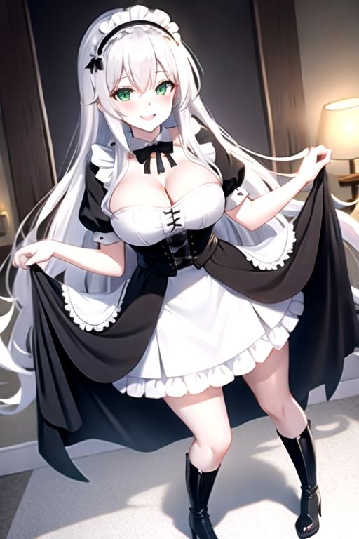 8k quality, green eyes, pale white skin, white hair, giant breasts, cleavage, looking at viewer, pov, long hair, wavy hair, full body photo, standing in room, smiling, black maid uniform, miniskirt, high heels, black knee high boots, black choker