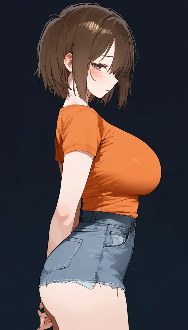 masterpiece, best quality, safe. Anime girl with short brown hair, wearing an orange t-shirt and denim shorts, standing against a simple black background. from side, blush, looking at viewer