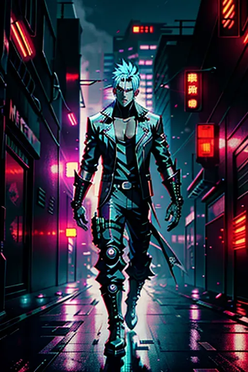 Cyberpunk, anime, male, 8k wallpaper, best quality, ultra hd, cinematic lighting, studio lighting, hi-resolution, high quality, highly detailed, in a city