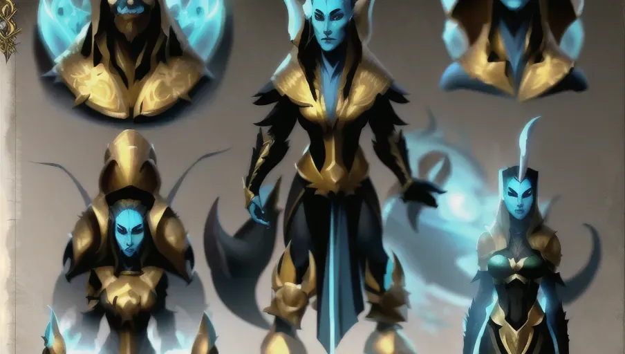 Highly detailed costume, (Video game character design sheet) View from all side character. High quality design masterpiece of ((bestiary style layout page))