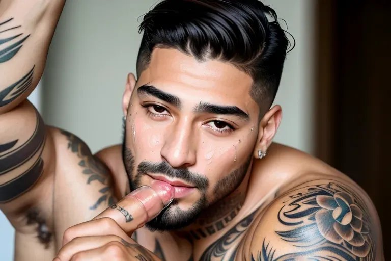 masterpiece realistic, top-quality image, high-resolution photograph (8k) of Maluma fully nude on his knees sucking dick (thick veiny penis in his mouth), his face in perfect light covered in cum (very highly detailed face, high-resolution accurate eyes, very realistic handsome Colombian face (light stubble) accurate highly detailed textured skin (pores), accurate tattoos), cum dripping from his chin and mouth, artistic aesthetic