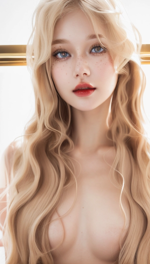 Young heavy metal woman, Caucasian, cute face, Brown eyes, rosy cheeks, pale skin, wavy blonde hair, heavy eyeshadow, tattoos, nude, small breasts, highly detailed skin textures, highly detailed eyes, blank white background, Dark red lips.