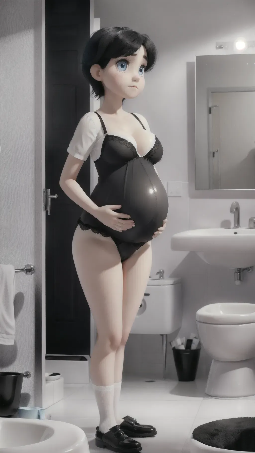 1girl, milk, pregnant, white, blue eyes, short black hair, black and white lingerie, in the bathroom, looking in the mirror
