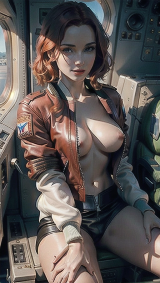 A professional photograph, 64k, (( face, chest:1.4)), hot woman, young 22 year old, caucasian european, (fierey red hair:1.3) pale white skin, (large F cup breasts:1.4), ((unzipped open leather bomber jacket: 1.5)), (very pale skin:1.5), (sitting in an airplane cockpit, hands grabbing center stick: 1.5) ((smiling:1.15)), ((extremely detailed realistic skin)), soft skin, beautiful lips, beautiful face, highly detailed, perfect hands, perfect teeth, five fingers per hand, cinematic lighting, ((cinematic composition)), HDR, highest quality, highest resolution, (photorealist:1.72), (photorealism:1.72), (masterpiece:1.18), --v 5.2