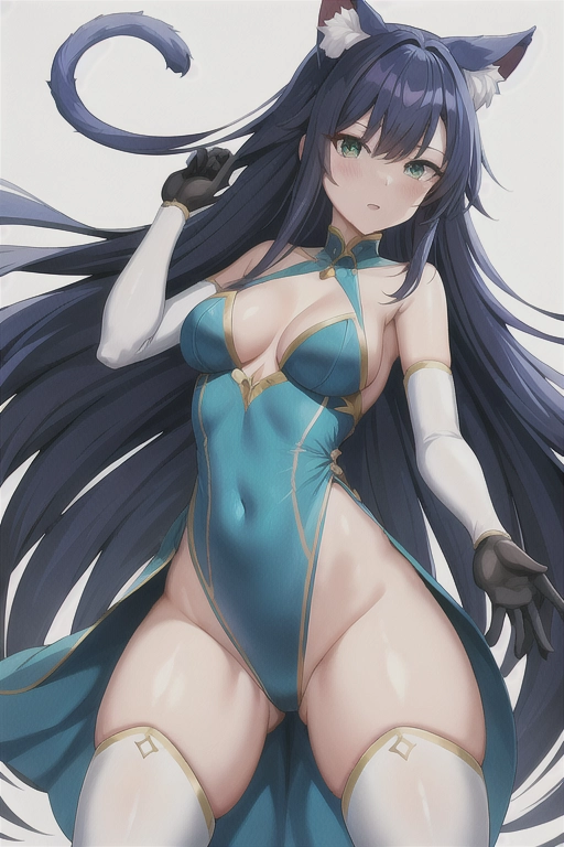 best quality, highres, ultra-detailed, neko, nekomimi, neko_ears, neko_tail, black_hair, blue-green_eyes, upper_body, lower_body, small_breasts, cleavage, very_long_hair, white_thigh_boots, (((detailed hands))), (((18))), aduld, highly detailed, wide shot, , (((correct anatomy))), blue_dress, long_dress, wide_dress, small_thighs, adventurer_outfit, thin, ((sfw)), safe_for_work