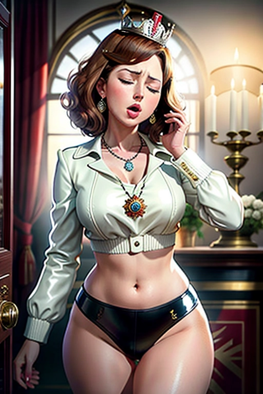Colour picture of a ((young brunette Queen Elizabeth II)), ((accurate face)), ((short dark hair)), in white leather jacket and tight black latex panties, ((bare thighs)), elegant interior, elaborate necklace, She must be having a powerful (((sneezing fit))) ((sneezing)) allergy, hay fever, with her nostrils flaring, ((her eyes closed)) and ((her mouth wide open)),