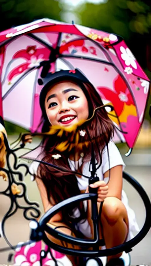 sam yang, 1girl, animal, bird, blurry, blurry background, brown eyes, brown hair, cherry blossoms, dog, full body, holding, holding umbrella, jewelry, looking up, medium hair, necklace, rain, shiba inu, shoes, short sleeves, smile, sneakers, solo, squatting, transparent, transparent umbrella, umbrella, watch, wristwatch , ((masterpiece)) <lora:dpmg_sam_yang:1>