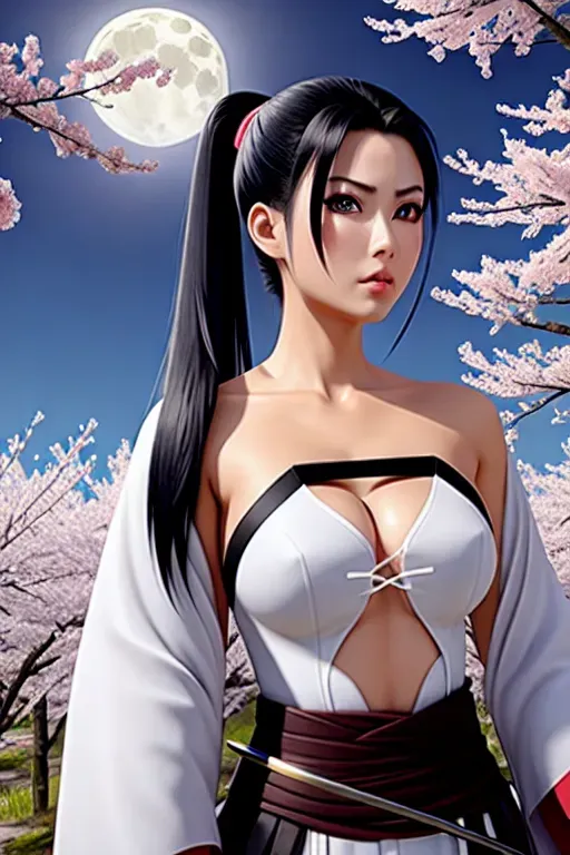 a digital painting of an anime swordswoman, white kimono unfastened top,five fingers per hand,beautiful face,beautiful lips,blue eyes,long black hair in a ponytail, curved eyebrows,textured skin,natural lighting, hentai v1 model,Walking down trail at night, cherry blossom trees in background, moonlight, katana, scar across eye, flat chested,