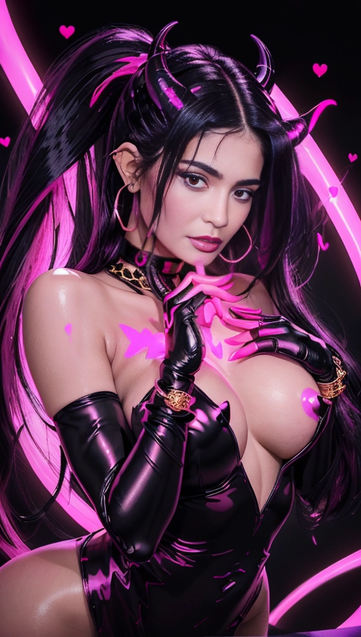 best quality, (((ultra high res))), (((detailed face and eyes))), (perfect face), (big shining heart choker), earrings, jewelry, (((big glowing succubus mark))), ((((big glowing succubus bodymark)))), (conjuring), witch, ((very long voluminous hair)), (((black gloves))), (((black hair))), (((single black ponytail))), (((golden bracelet))), (((huge golden hair cuff))), (((black skintight neckholder))), (((((face closeup))))), lipstick, (((((black demon tail))))), ((black long sleeves)), ((purple glowing heart)), (((demon mark))), heart on womb, (((((bright pink glowing skin tone))))), (((straight black hair))), ((pink glowing clothes)), ((pink luminescent)), ((((pink luminescent skin tone)))), (((pink skin))), (((Kylie Jenner)))