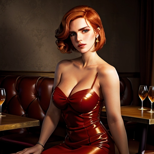masterpiece, best quality, (photorealistic:1.4), restaurant, full body, sitting, front, a photo of a beautiful woman, (skinny:1.1), big eyes, (ginger:1.1) hair, choppy bob hairstyle, medium breasts, wldress, <lora:wet_look_dress:1> Emma Watson