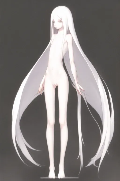 Long hair, white hair, slim, standing, naked, long eyelashes, flat chest