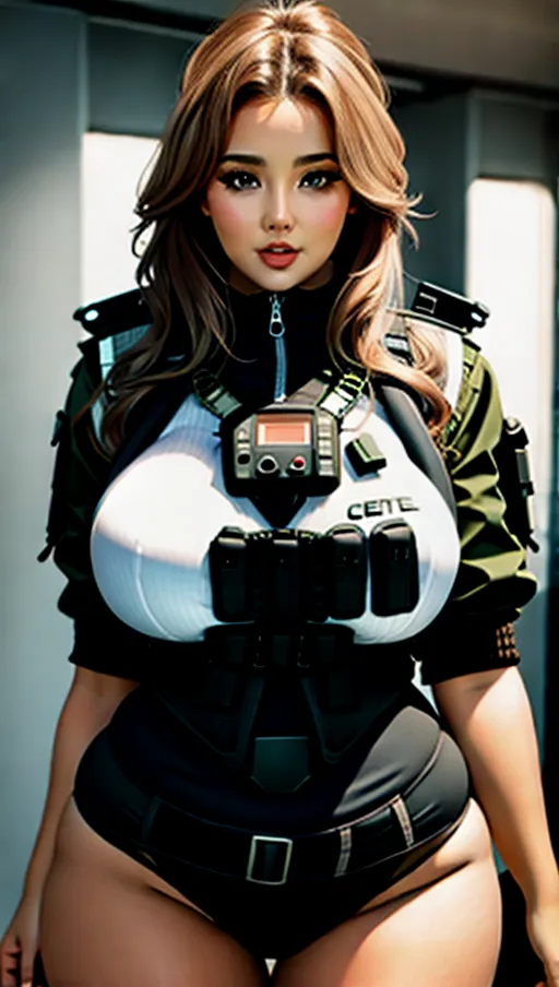 Pretty curvy woman, huge breasts, wearing a bomb vest