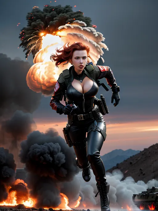extremely high quality,8k,ultra high definition.extremely detailed, lifelike photograph of,scarlett johansson, highly detailed skin texture,highly recognizable accurate very detailed facial features, professionally shot on a high end camera,utterly realistic, professional studio lighting, volumetric lighting,(((full body in frame)))
scarlett johansson smokey sexual professional makeup ,huge round beautiful big bimbo breasts, perfect breasts,
ultra vivid red hair
dressed in extreamly high detailed,8k,lifelike,heavy textured,pin sharp,digital rendition,photo quality, skin tight all over black leather military combat gear,skin tight leather trousers,large Russian flag emblem prominent on clothing,Romanoff printed on name tag,bullet proof vest,ammo pouches,grenades,40mm mortar rounds belt,lots of combat knifes, huge chunky combat boots,massive sniper rifle,
(((erotic photo shoot))),(((background is a detailed war zone,explosions,fighter planes,military vehicles,solders,missiles,battle tanks,guns,bombs,lots of fire,lots of smoke,flames,scarlett is running,huge explosion directly behind her, flying chunks of debris)))