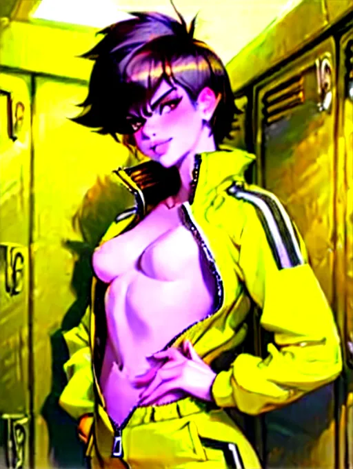 realistic HD photograph ((wide shot)), (((Bebe Rexha))) ((((accurate face)))),(((in a locker room)))(((wearing unzipped yellow tracksuit with black trim)))(((topless))),((very sexy pose)),(((small perky breasts))),(((zaftig athletic body)))((evil smirk)), (((messy haircut))), five slender fingers, beautiful face, beautiful lips,detailed large eyes,curved eyebrows,cgsociety,cinematic lighting,studio lighting,professional,editorial,<lora:dpmg_fingering:1.5>