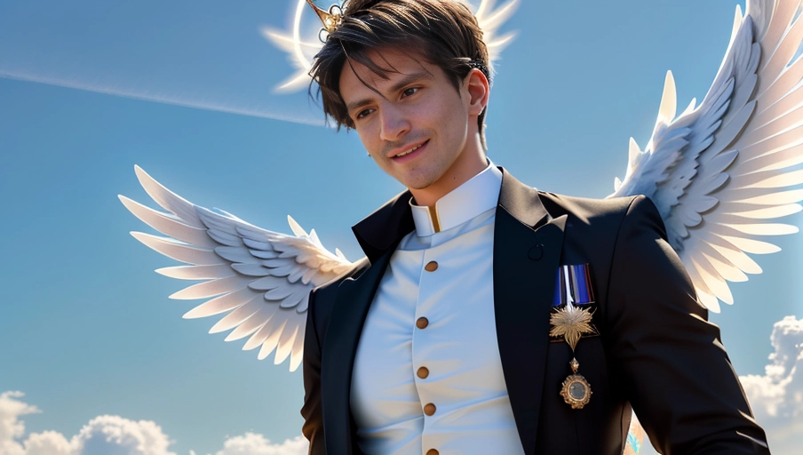a 64k high detailed photo of body shot of straight male HDR Professional ((In clothing))) ((Has Attire)) Godly Ultra Detailed Best Quality Most Detailed ((Angel Wings)) Angelic Lighting Love Hope Magic casting Crown Smiling King happy Glory Warrior Angels Angelics Positivity Happiness ecstasy enraptured sweaty saving God Royalty Morality Goodness True Good Power Force Authority Ethical Saviour orgasm face Halo short Hair Always and Forever Sentimental in heat hot ultra hot best best lighting tantric Neutral Brilliant Logical Compassionate Perfect Perfection Exciting Integrity Winged Courage Purity Harmony Beauty mark on upper lip ((Male)) Ethereal Lighting Celestial Lighting (((With Clothes))) ((With God Item)) ((God Tech)) with items of power God Wings ((Happy Expression))