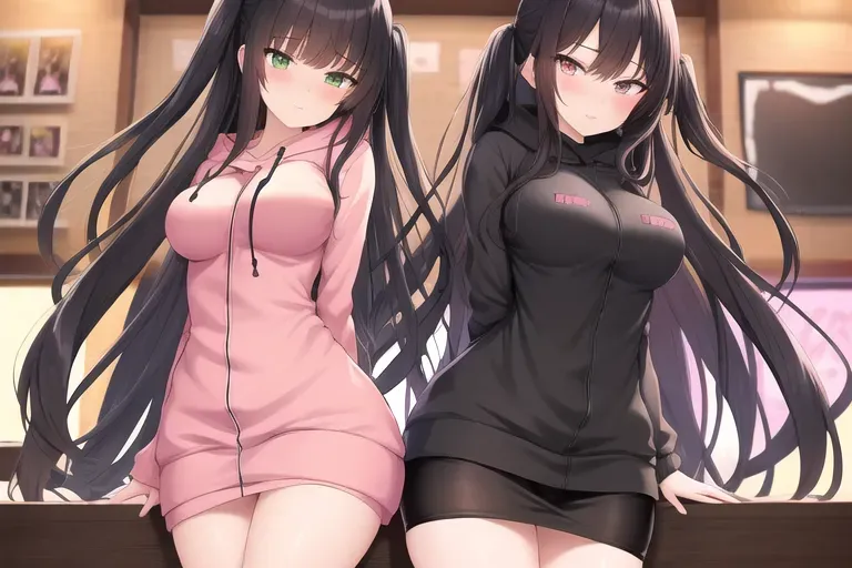 Hentai art,two girls, sex ,coffee shop. First has black long curly brown hair,pink hoodie,black skirt,very cute, green eyes,big breast.Second has long black hair,orange hoodie,black shorts,cute,very small breast,purple eyes