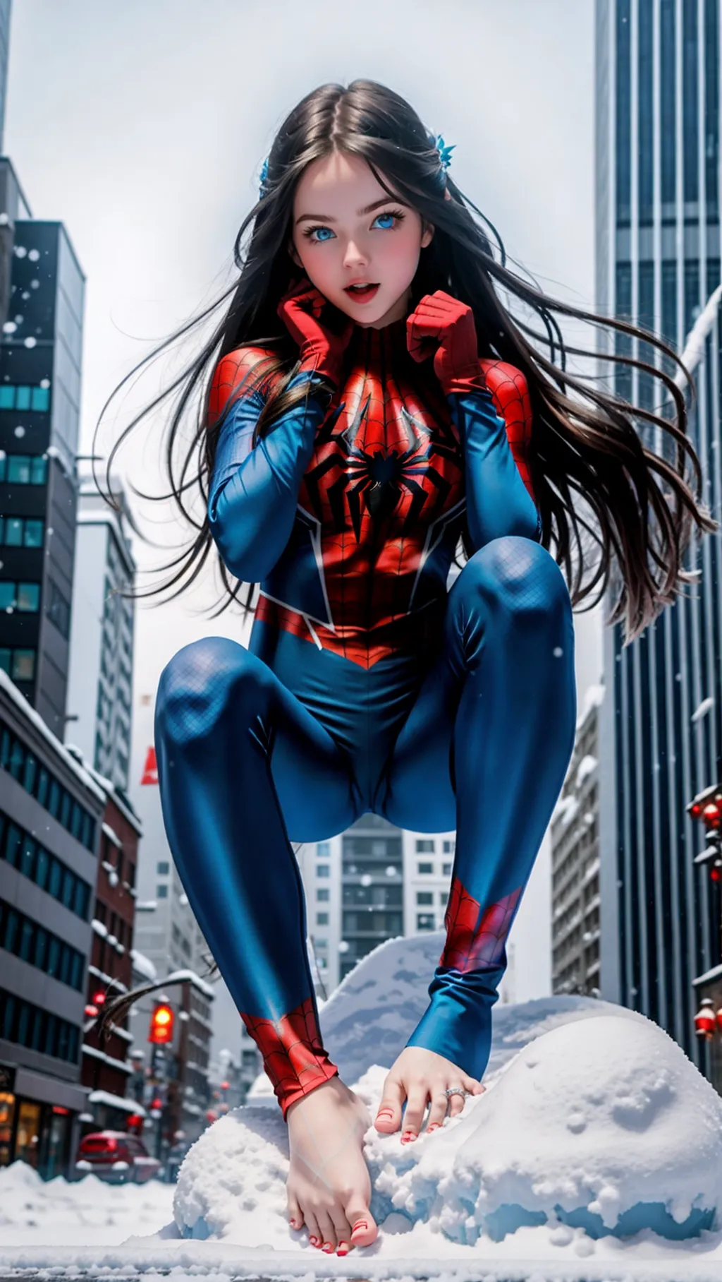 full-body image of a gorgeous barefoot girl with long hair and blue eyes wearing Spiderman outfit and gloves while posing in a big snowy city, sexy feet, barefoot, exposed face, exposed head, bare feet,