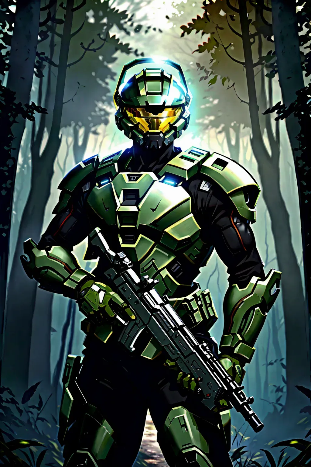 halo, spartan, helmet on, with gun, anime, male, 8k wallpaper, best quality, ultra hd, global lighting, hi-resolution, high quality, in the forest