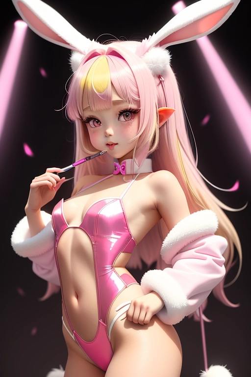 a petite, energetic bunny girl, with fluffy white fur and a bright pink nose. She dressed in a revealing club outfit, with her long ears poking up through her short blonde hair.