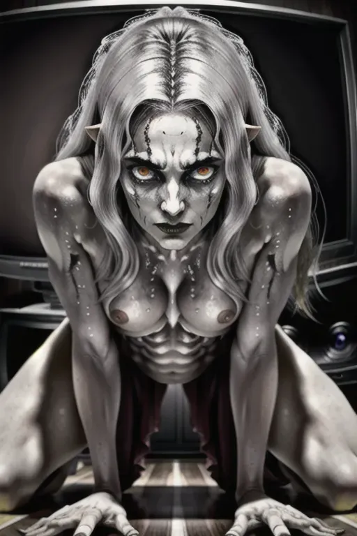 pale, bony hand.
Samaras long, wet and matted hair, which covers her face and shoulders, comes crawling out of the television as if from a shaft. Her haunting, sunken eyes, Samaras face is expressionless, her gaze piercing.
Slow and unnatural movements as she crawls forward, defying physics.
she is only 50 percent out of the television.
She supports herself with her hands on the floor.
The nightmare becomes a reality, no clothes, nacked , nude,