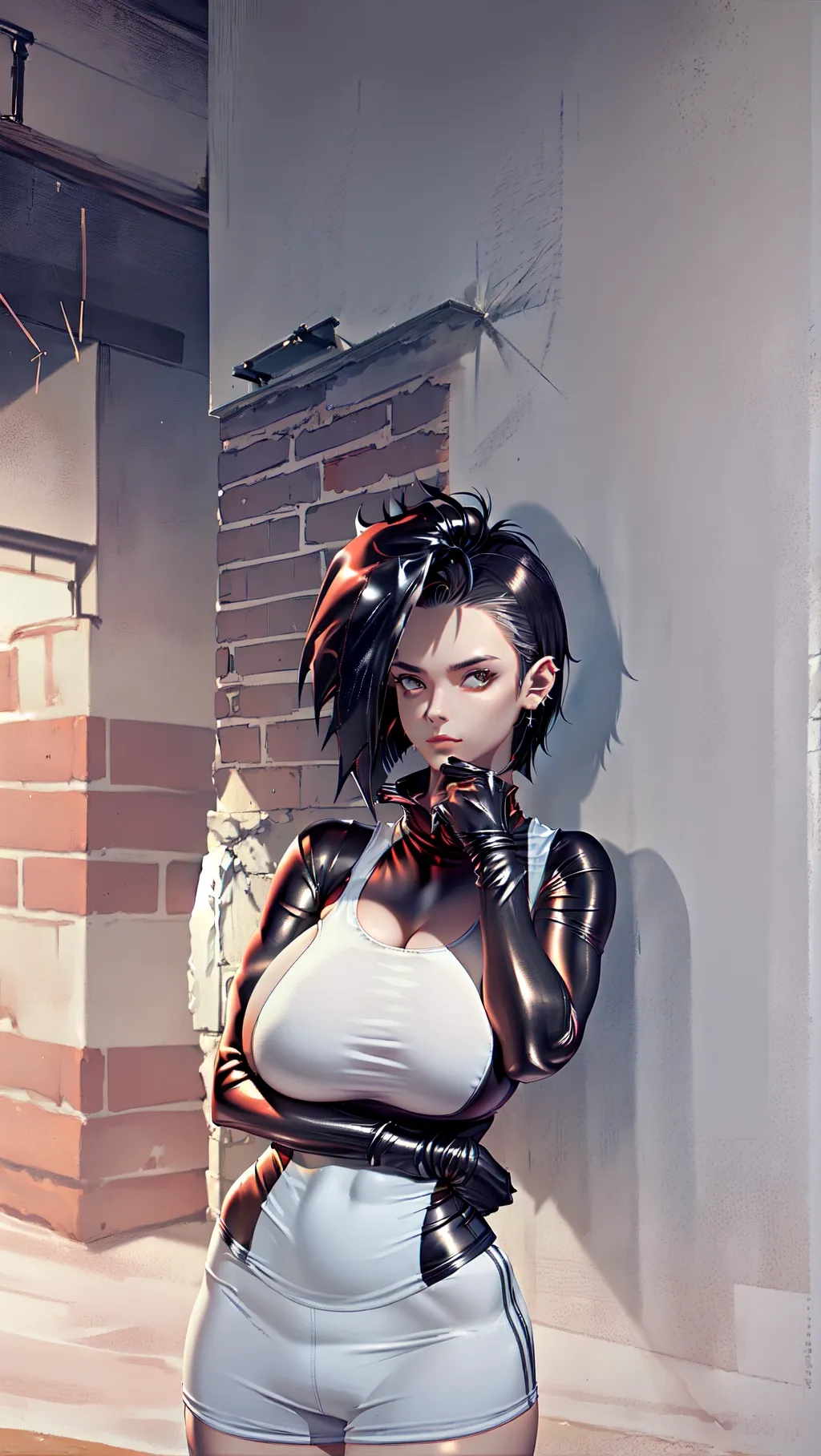 Female, short spiky hair, large breasts, athletic toned body, wearing a black leather bodice