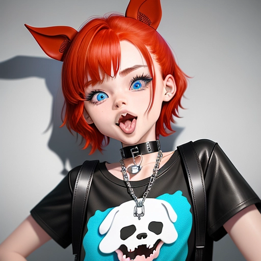 cute Petite Puppy girl with floppy dog ears. Red Hair and blue eyes. wearing thick spiked leather collar and chain leash. wearing nothing but a baggy skeleton tee shirt . cross eyed. open mouth panting like dog. tongue hanging out.