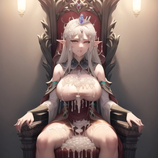 Sophisticated enlightened Tall huge Elf Queen (cum drenched with torn royal dress:1.3) sitting on (throne:1.2) <lora:bukkake:1>